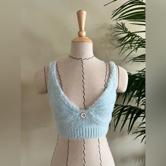 For Love & Lemons Light Blue Fuzzy Bralette | XXS | Fuzzy Top V Back NWOT - Picture 2 of 8